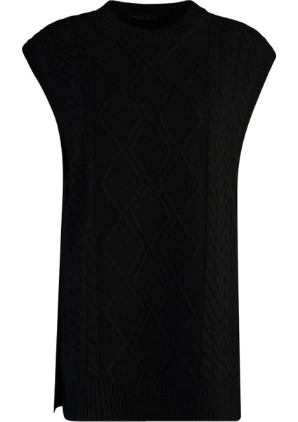 Kadın Moda Şık Tesettür Bisiklet Yaka Düşük Kol Midi Beli Bağlamalı Saç Örgülü Triko Süveter