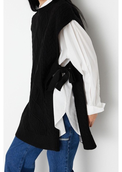 Kadın Moda Şık Tesettür Bisiklet Yaka Düşük Kol Midi Beli Bağlamalı Saç Örgülü Triko Süveter fırsatları