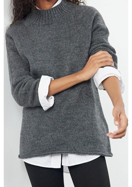 Kadın Moda Şık Dik Yaka Reglan Kol Uzun Yumuşak Dokulu Dikişsiz Triko Kazak modelleri
