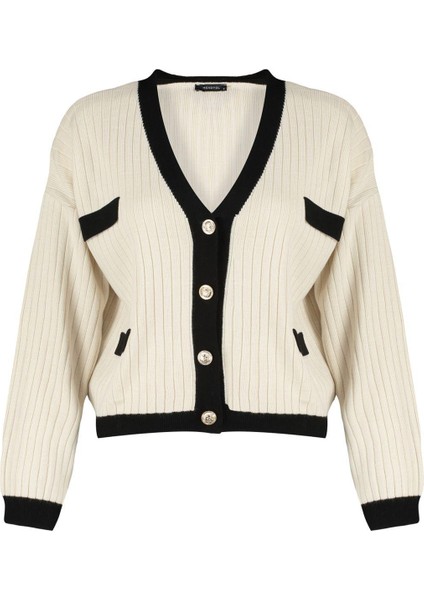 Kadın Moda Şık V Yaka Standart Kol Regular Renk Bloklu Triko Hırka