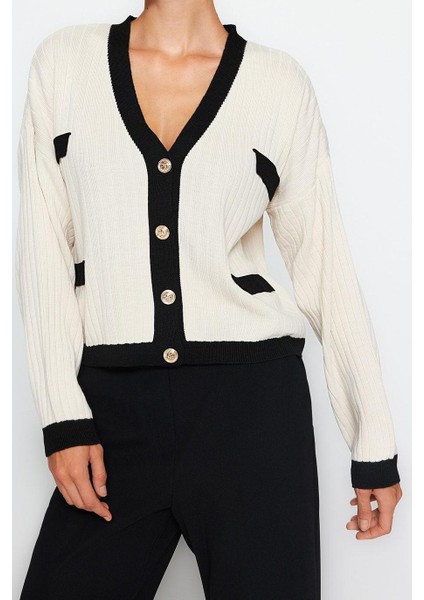 Kadın Moda Şık V Yaka Standart Kol Regular Renk Bloklu Triko Hırka fırsatları