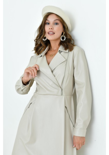 Kadın Deri Elbise Beige