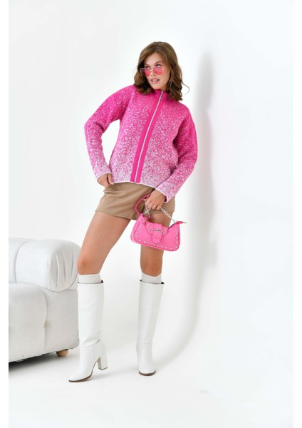 Kadın Fermuar Detaylı Hırka Fuşya modelleri