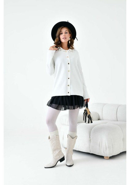 Kadın Kuş Gözü Detaylı Triko Gömlek Ekru