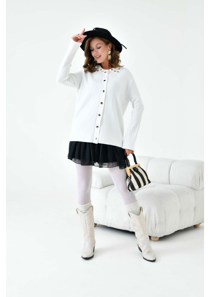 Kadın Kuş Gözü Detaylı Triko Gömlek Ekru fırsatları