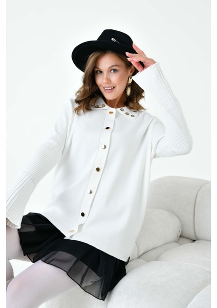 Kadın Kuş Gözü Detaylı Triko Gömlek Ekru indirimleri