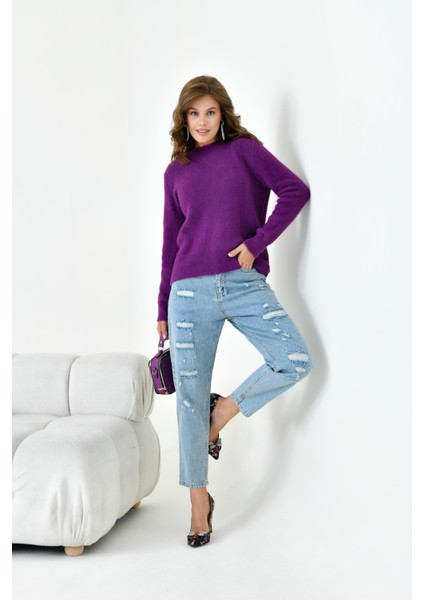 Kadın Sıfır Yaka Kazak Mor