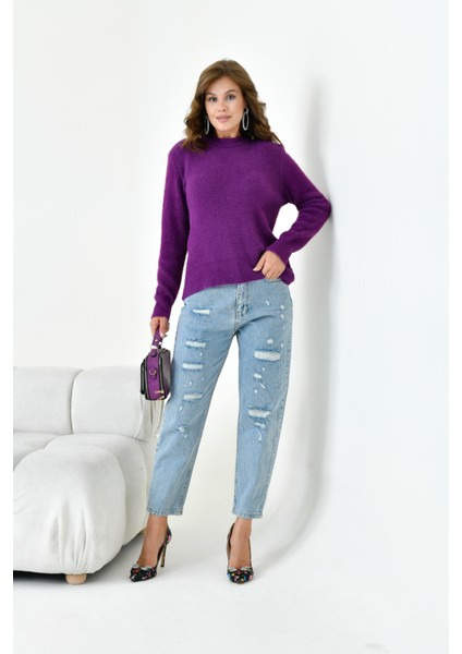 Kadın Sıfır Yaka Kazak Mor fiyatları