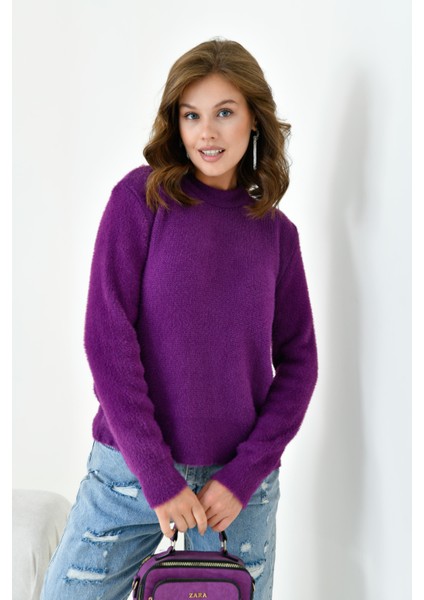 Kadın Sıfır Yaka Kazak Mor modelleri