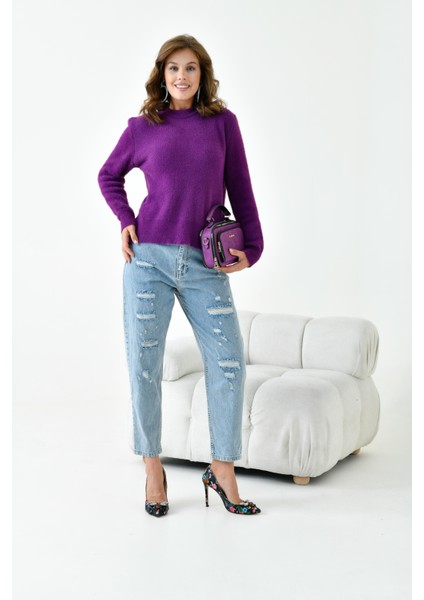 Kadın Sıfır Yaka Kazak Mor indirimleri