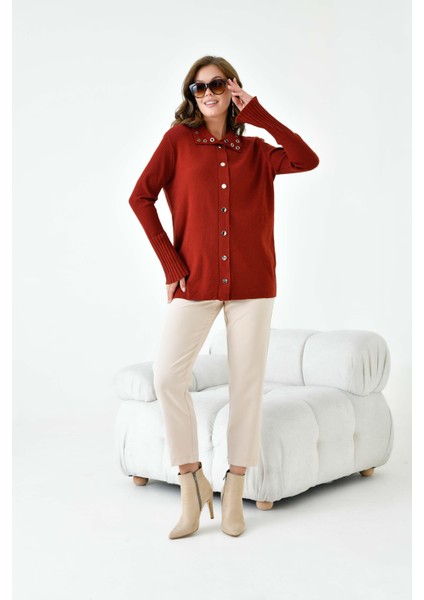 Kadın Kuş Gözü Detaylı Triko Gömlek Kiremit