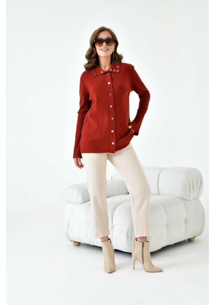 Kadın Kuş Gözü Detaylı Triko Gömlek Kiremit fiyatları