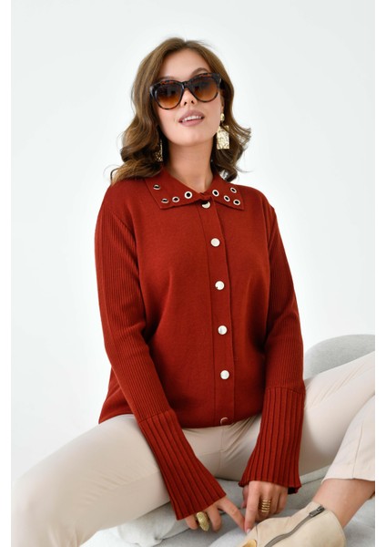 Kadın Kuş Gözü Detaylı Triko Gömlek Kiremit modelleri
