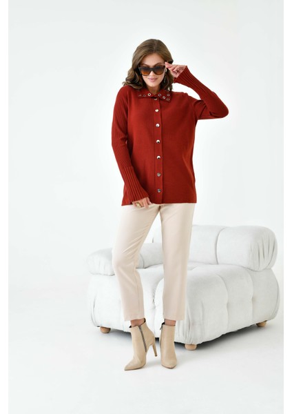 Kadın Kuş Gözü Detaylı Triko Gömlek Kiremit indirimleri