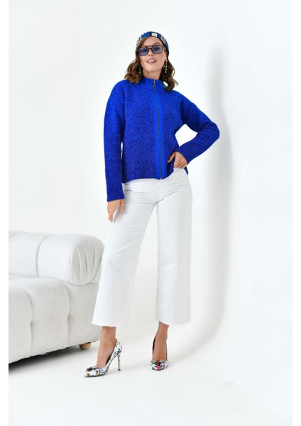 Kadın Fermuar Detaylı Hırka Mavi