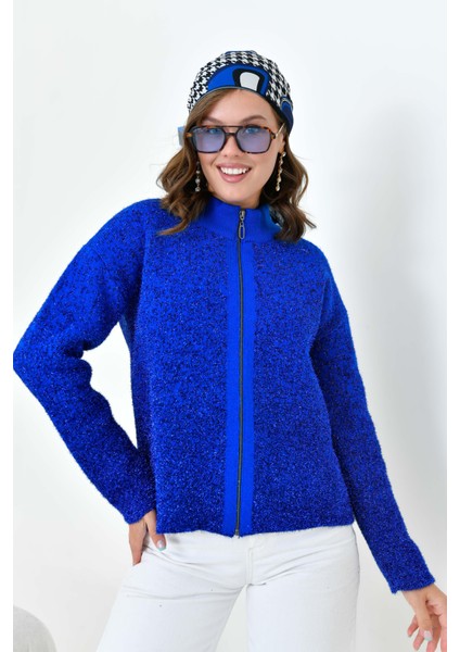 Kadın Fermuar Detaylı Hırka Mavi modelleri