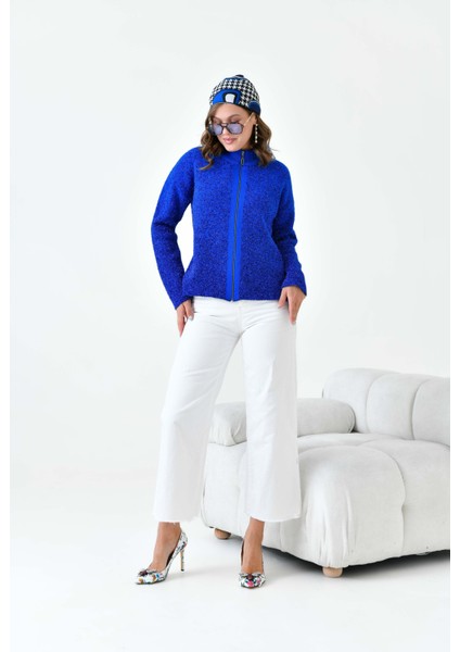 Kadın Fermuar Detaylı Hırka Mavi indirimleri