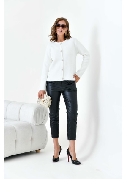 Kadın Düğme Detaylı Hırka Ekru