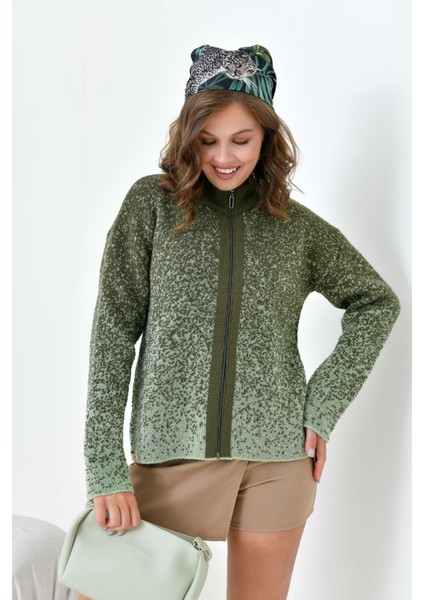 Kadın Fermuar Detaylı Hırka Haki