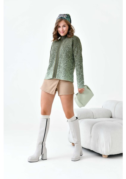 Kadın Fermuar Detaylı Hırka Haki modelleri