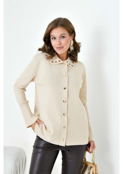 Kadın Kuş Gözü Detaylı Triko Gömlek Bej