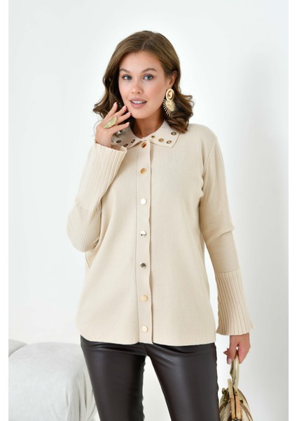 Kadın Kuş Gözü Detaylı Triko Gömlek Bej fiyatları