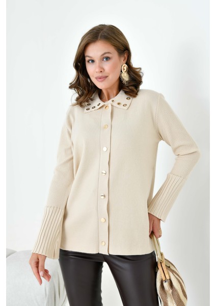 Kadın Kuş Gözü Detaylı Triko Gömlek Bej modelleri