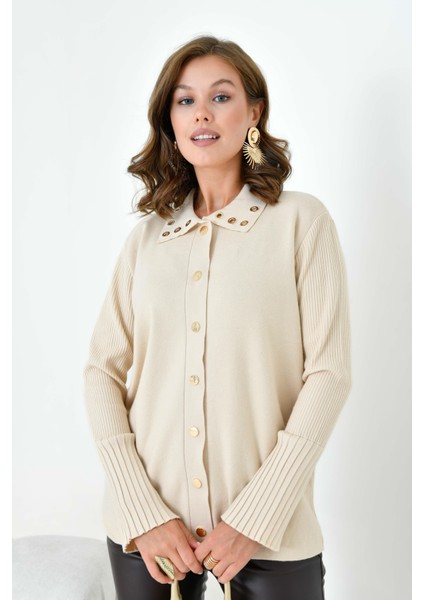Kadın Kuş Gözü Detaylı Triko Gömlek Bej fırsatları