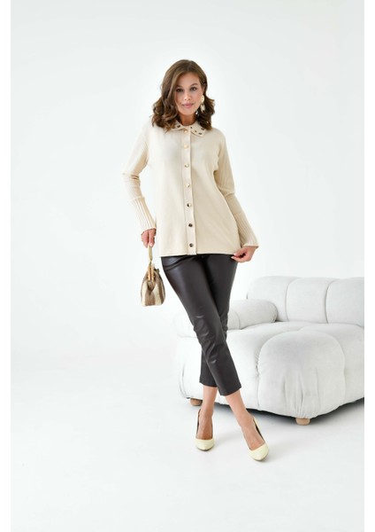 Kadın Kuş Gözü Detaylı Triko Gömlek Bej indirimleri