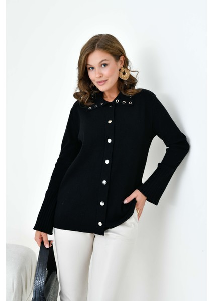 Kadın Kuş Gözü Detaylı Triko Gömlek Siyah