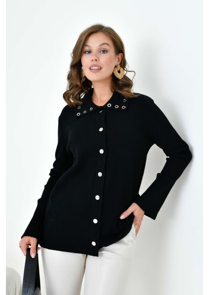 Kadın Kuş Gözü Detaylı Triko Gömlek Siyah fiyatları
