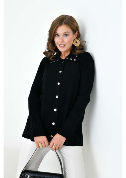 Kadın Kuş Gözü Detaylı Triko Gömlek Siyah modelleri