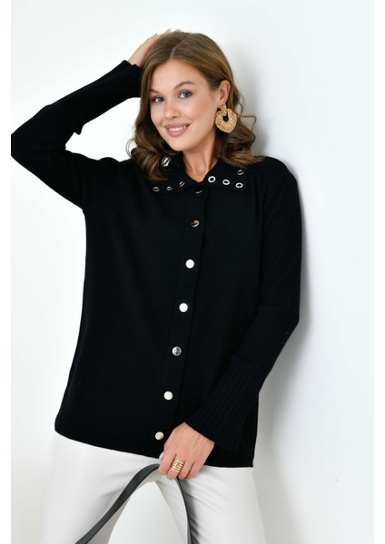 Kadın Kuş Gözü Detaylı Triko Gömlek Siyah fırsatları
