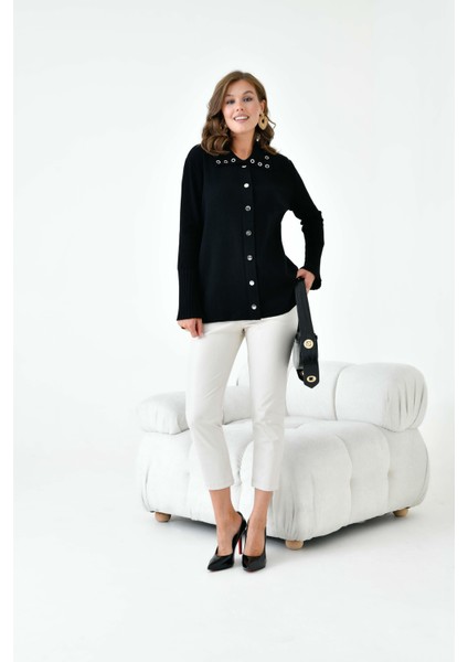 Kadın Kuş Gözü Detaylı Triko Gömlek Siyah indirimleri