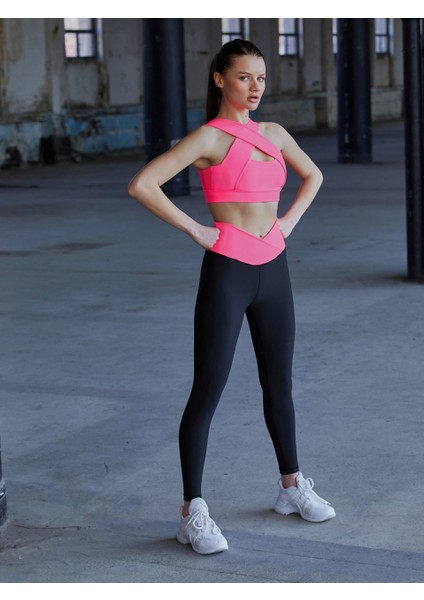 Beli Neon Pembe Siyah Çapraz Bel Tasarımlı Spor Tayt