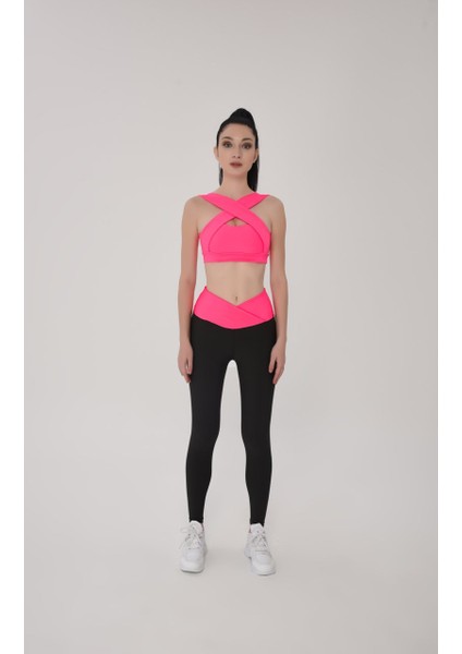 Beli Neon Pembe Siyah Çapraz Bel Tasarımlı Spor Tayt