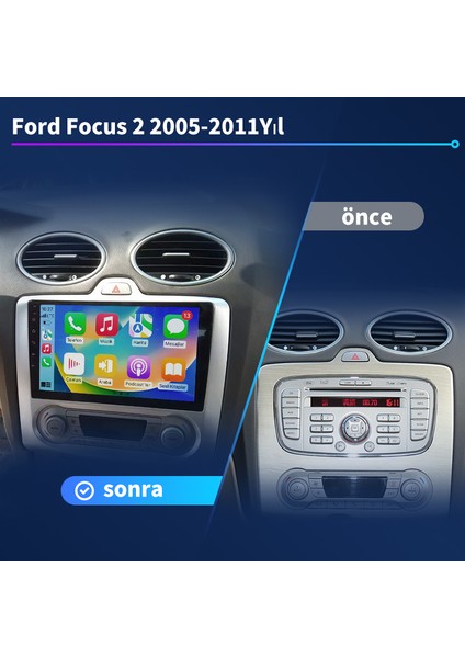 Ford Focus 2 (2005-2011Yıl) Android Sürüm 13 Kablosuz Carplay Navigasyon Multimedya 9 Inç Ekran 2G Ram + 32GB Hafıza Çerçeve ve arka görüş kamerası dahildir