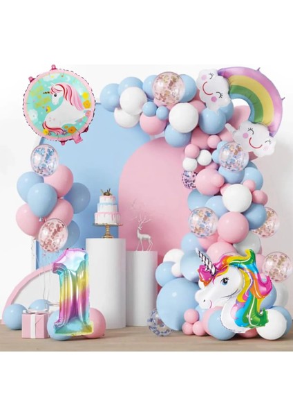Unicorn Gökkuşağı Temalı Gökkuşağı Yaş Folyo Balonlu Zinciri Doğum Günü Parti Kutlama Seti Süsü
