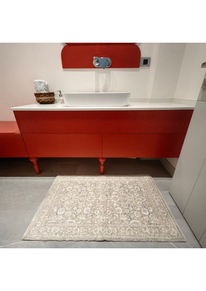 Ekru-Bej-Silver Retro Desenli inopoli Banyo Paspası Veya Banyo Halısı