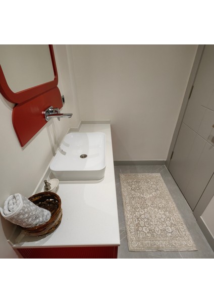 Ekru-Bej-Silver Retro Desenli inopoli Banyo Paspası Veya Banyo Halısı