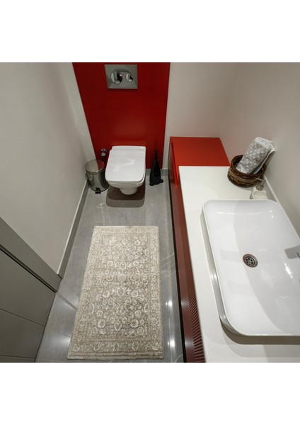 Ekru-Bej-Silver Retro Desenli inopoli Banyo Paspası Veya Banyo Halısı