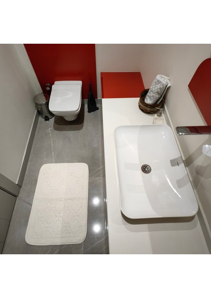 Ekru Geometrik Desenli Inopoli %100 Pamuk Banyo Paspası Veya Banyo Halısı