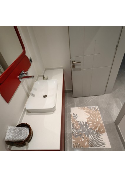 Ekru-Bej-Silver Doğa Desenli Inopoli Banyo Paspası Veya Banyo Halısı