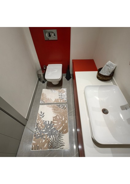 Ekru-Bej-Silver Doğa Desenli Inopoli Banyo Paspası Veya Banyo Halısı