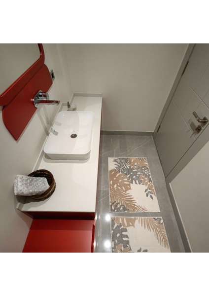 Ekru-Bej-Silver Doğa Desenli Inopoli Banyo Paspası Veya Banyo Halısı