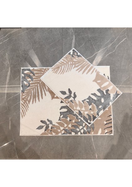 Ekru-Bej-Silver Doğa Desenli Inopoli Banyo Paspası Veya Banyo Halısı