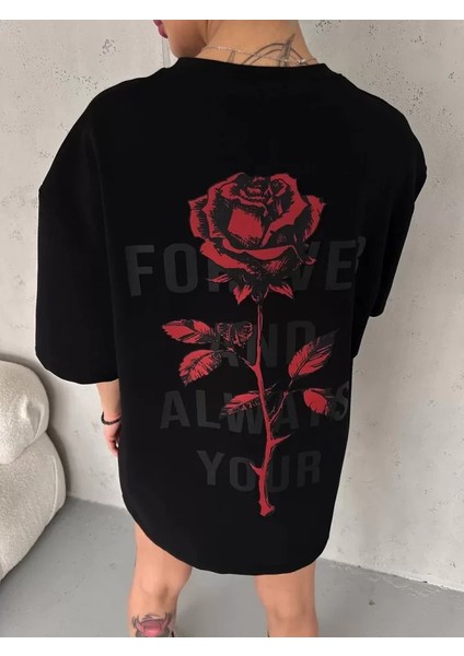 Unisex Bisiklet Yaka Baskılı Oversize T-Shirt - Siyah fiyatları