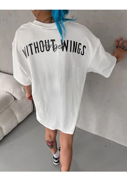 Unisex Bisiklet Yaka Baskılı Oversize T-Shirt - Beyaz fırsatları