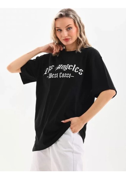 Unisex Baskılı Oversize T-Shirt - Siyah modelleri