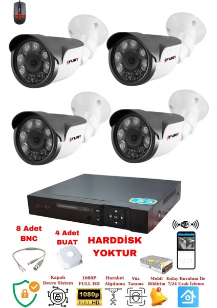 4 Kameralı Set-Full Hd Gece Görüşlü Güvenlik Kamerası Sistemi-Cepten İzle-Su Geçirmez-Disk Yok